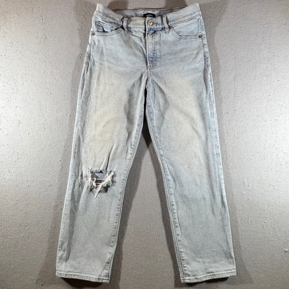 Express High Rise Straight Ankle Jeans Light Wash Distressed 6R Conscious Edit